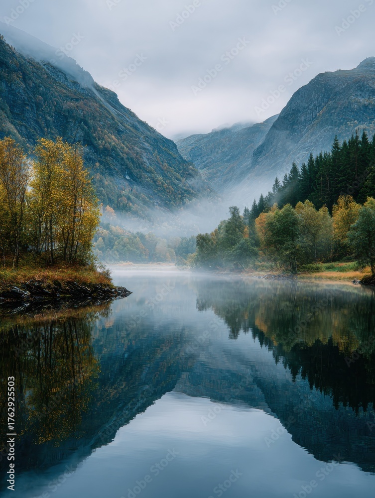 Obraz premium beautiful lake in misty morning mountains forest and clouds reflected in the calm water surface norwegian dark autumn landscape nature ecology eco tourism travel and vacation concept