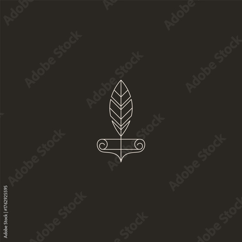 Feather and scroll line art elegant writing logo design.