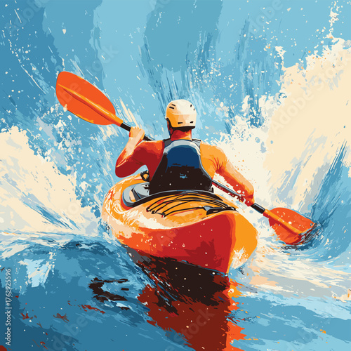 A dynamic close-up of a paddler navigating through splashing water, showcasing the excitement of kayaking and the vibrant orange kayak.   , vector style simple color