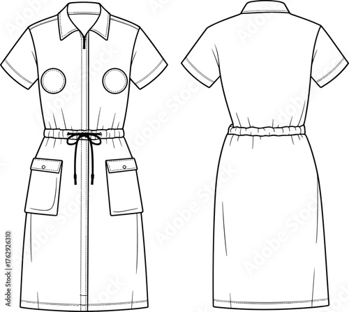 Technical Fashion Flat Sketch of a Hooded Raincoat, Long Sleeve Jacket with Patch Pockets, Waterproof Outerwear Apparel Vector Outline Template Drawing.