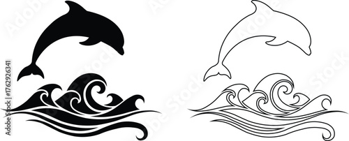 Vector art of black and white outline and silhoutte of a dolphin jumping out of the ocean waves