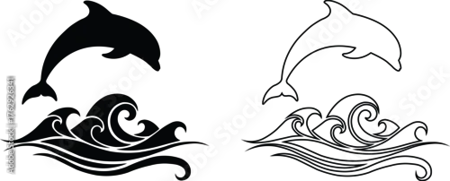 Tapety Vector art of black and white outline and silhoutte of a dolphin jumping out of the ocean waves
