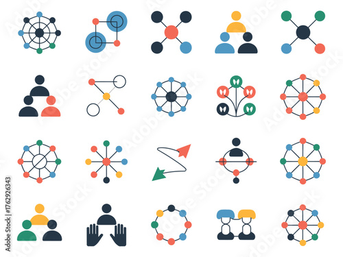 Colorful illustrations of community and collaboration concepts, including networks and teamwork.