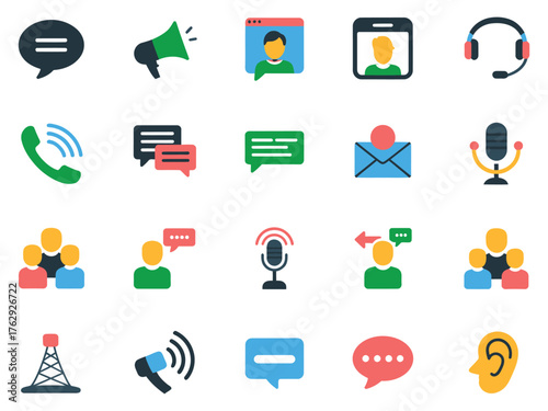 A collection of communication icons, showcasing various methods like calls, messages, and video chats.