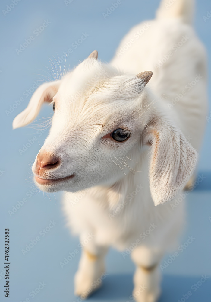 Fototapeta premium Closeup of a Fluffy White Baby Goat on Light Blue Background