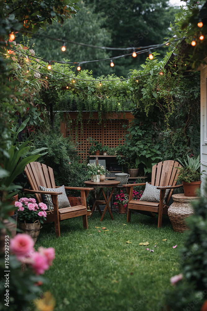 Obraz premium Organic outdoor seating with wood chair and table under trees and leafy garden plants spring season interior design wallpaper background