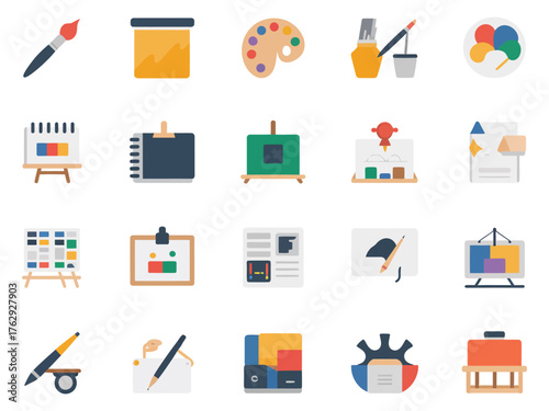 A colorful array of artistic tools and supplies, including brushes, palettes, and canvases.