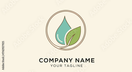Eco friendly logo design with water drop and leaf inside circle.