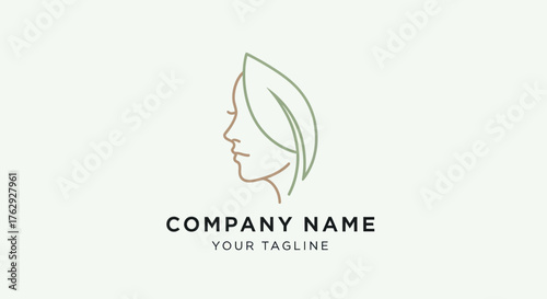 Elegant Womans Face with Leaf Hairline Logo Design.