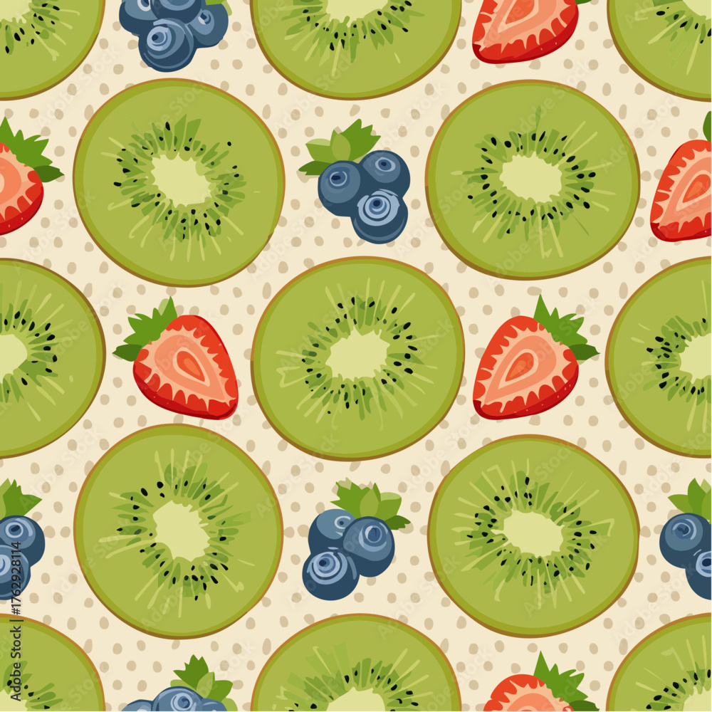 Fototapeta premium Seamless Fruit Pattern with Kiwi and Berries 1.