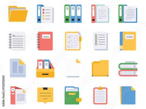A colorful collection of office supplies and documents including folders, notebooks, and binders.