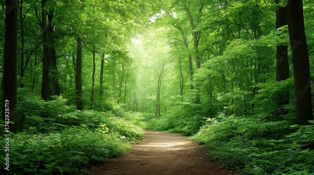 Fototapeta premium Sunlight Filtering Through a Lush Forest Canopy Creating a Serene Pathway in Nature's Green Embrace Surrounded by Vibrant Foliage and Tranquil Vibes