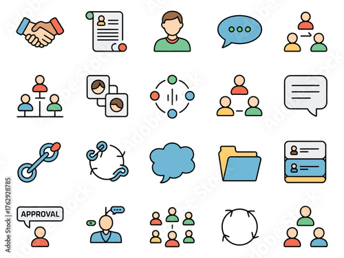 Colorful icons representing teamwork, communication, and collaboration in a modern work environment.