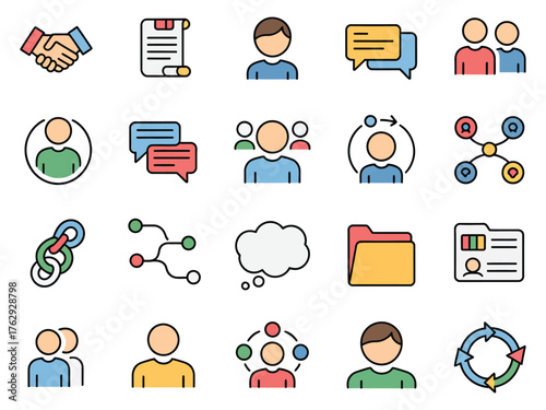 Collection of colorful icons illustrating communication, collaboration, and networking concepts.