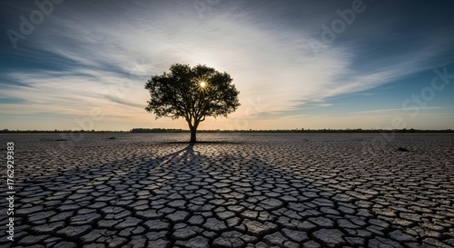 Lone tree standing on cracked dry earth with sun setting behind it