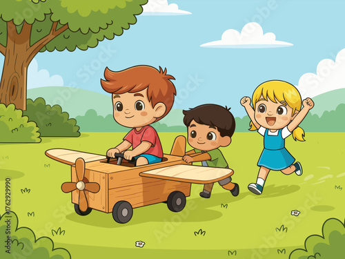 Three cheerful children playing together in the park with a wooden toy airplane on a sunny day
