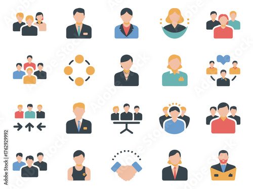 Diverse flat icons representing teamwork and business interactions in modern styles.