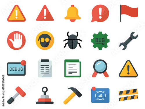 A colorful collection of warning and debugging icons featuring tools, alerts, and notifications.