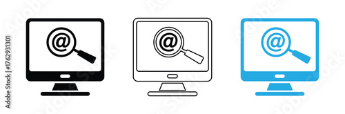 Find email addresses with computer search graphic, easy vector design.Email search on computer isolated on white background for communication