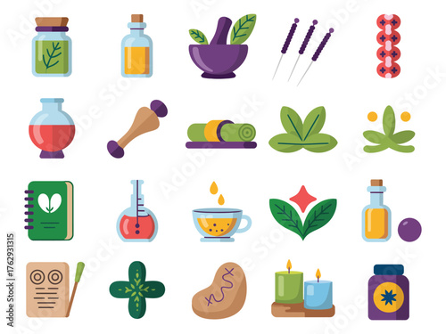 Colorful herbal and wellness icons, featuring oils, plants, and wellness tools.