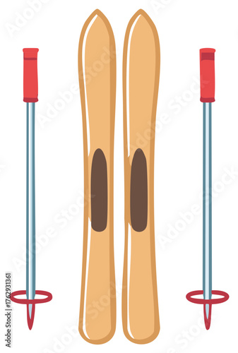 Cartoon pair of classic wood skis with blue poles and red handles for snow skiing or winter sports