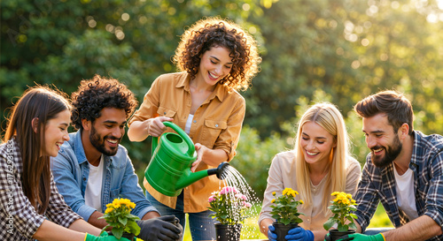 Young adults having fun and collaborating outdoors while enjoying nature and working on a community garden project