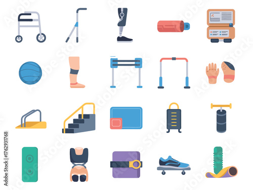 Collection of fitness and rehabilitation equipment including prosthetics and exercise tools.