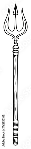 Hand drawn black and white illustration of a mythological trident weapon for a sea god
