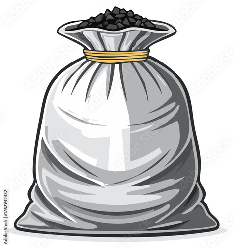 A Sack with a Yellow Tie Full of Black Coal Pieces