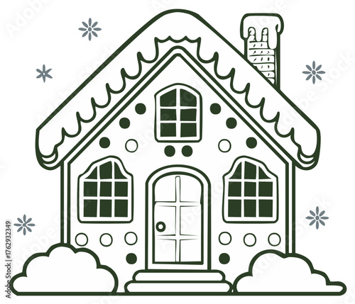 Festive gingerbread house drawing with snow covered roof and snowflakes for christmas holiday celebration line art illustration design