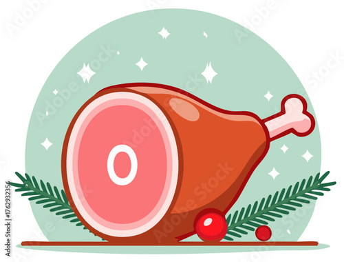 Festive Roasted Ham Illustration Garnished with Evergreen Sprigs and Red Berries for Holiday Season, Celebrations and Dinner