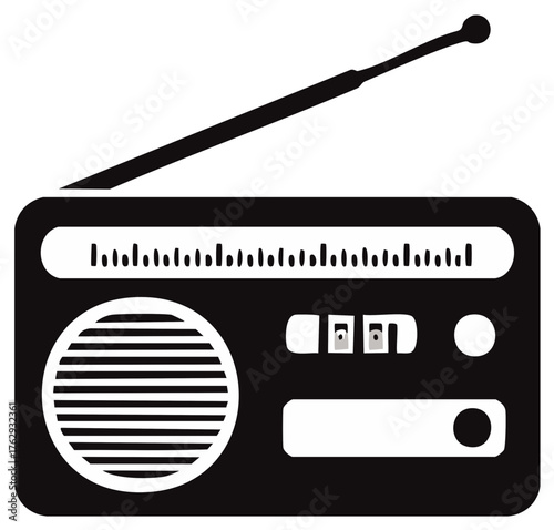 Retro Portable Radio Icon Illustration with Antenna and Tuning Dial Black and White Vector