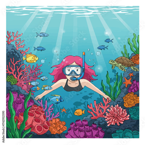 Flat 2D cartoon illustration of a female swimmer wearing a diving mask exploring a vibrant tropical coral reef environment underwater, highlighted by strong sunlight rays on a clean white background.