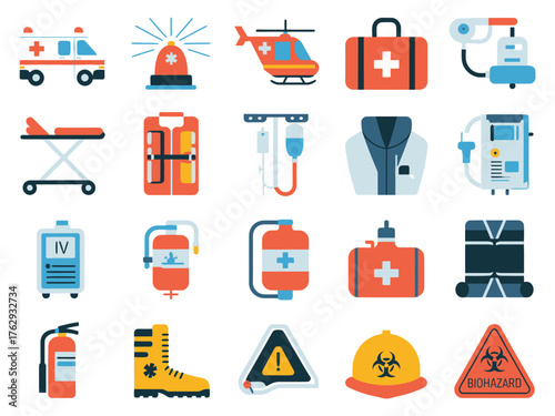 Illustration of emergency medical icons featuring various health and safety equipment.