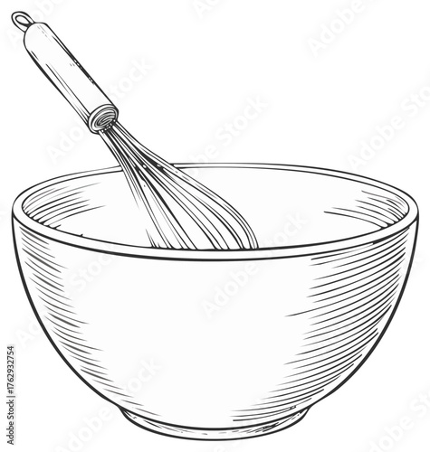 Line art sketch of a kitchen whisk inside a mixing bowl for baking and cooking