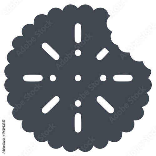 Bitten scalloped edge cookie with decorative pattern flat vector icon
