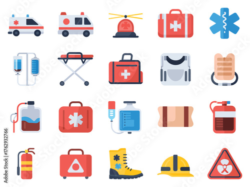 A diverse collection of emergency medical icons representing safety and health care.