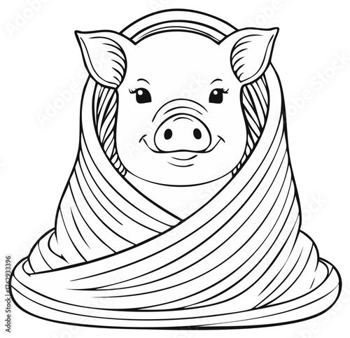 Adorable cartoon piglet wrapped snugly in a swaddle cloth with a happy expression