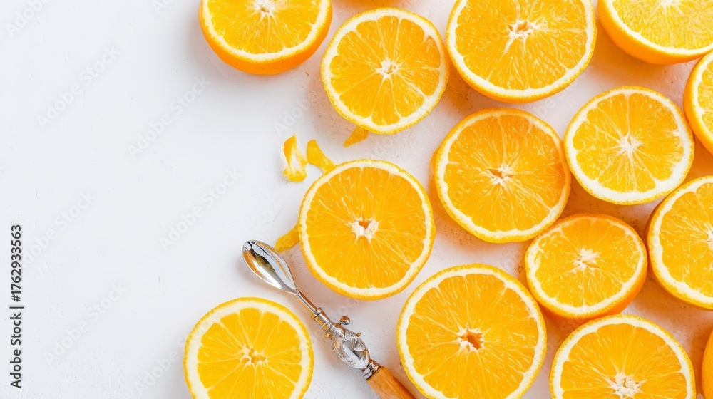 Fototapeta premium Vibrant freshly sliced ripe oranges nutrient rich citrus halves displayed for healthy eating.