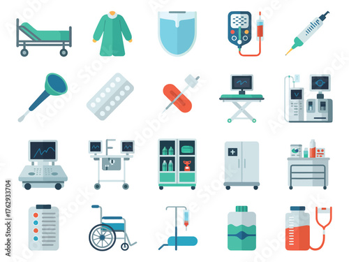 A collage of medical equipment and supplies, featuring various essential tools for healthcare.