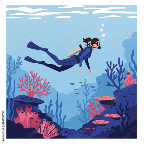 Flat 2D vector illustration showing a woman scuba diver swimming gracefully through a colorful coral reef and green sea plants in the deep blue ocean, isolated on white.