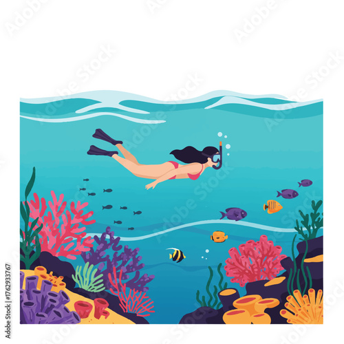 Vibrant tropical snorkeling scene featuring a female character swimming above a colorful coral reef and exotic fish, rendered in a clean, isolated 2D flat style vector.