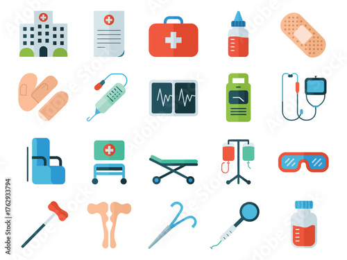 Illustration of various medical tools and symbols in a colorful flat design.