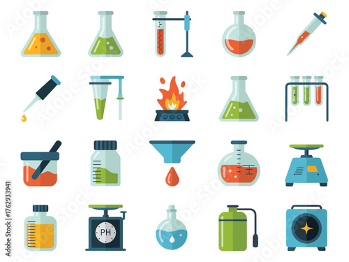 Colorful laboratory glassware and equipment in various shapes and sizes for scientific experiments.