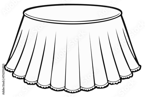 Simple line art illustration of a round dining table with a long draped tablecloth