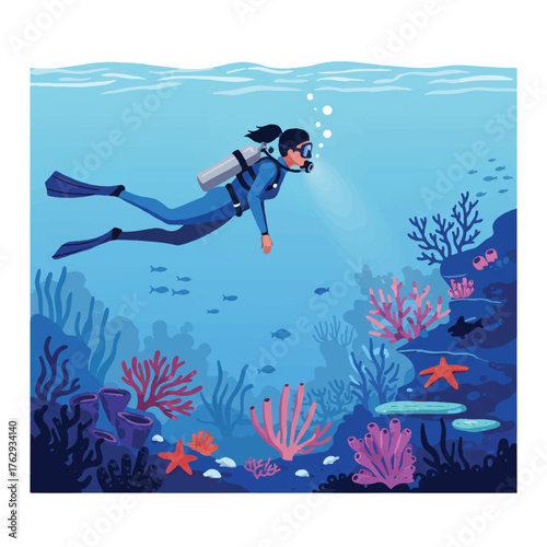 Colorful flat 2D vector illustration depicts a young woman in diving gear actively exploring a lush underwater tropical coral reef teeming with vibrant marine plants on a clean white background.