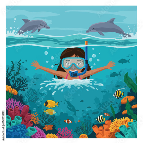 Vector illustration of a happy girl in a diving mask and fins snorkeling over a vibrant coral reef in the clear tropical ocean water, rendered in a 2D flat graphic style on a white background.