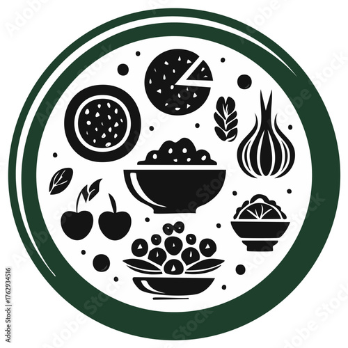 Healthy Food Illustration Featuring Fruits, Cake Slice, Garlic, Salad and Other Dishes in a Circle Frame