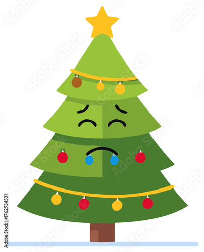 Sad Christmas Tree with Decorations and a Star, Emoji Concept, Upset Expression