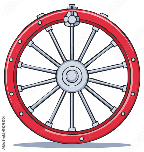 Cartoon illustration of a spoked wheel with a red rim and metallic spokes suitable for different vehicles
